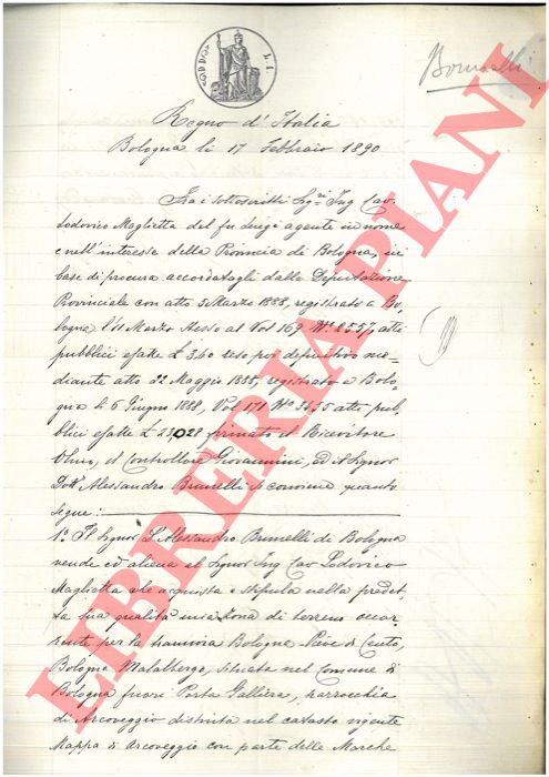 Brumelli - Maglietta - Vendita di una zona di terreno occorrente per la tramvia Bologna-Pieve di Cento, Bologna-Malalbergo, posta fuori Porta Galliera, Parrocchia di Arcoveggio, Comune di Bologna