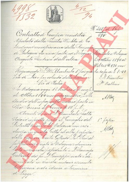 Societ Veneta di Costruzione / Fantini - - Contratto di compra vendita di un terreno facente parte del Comune di Imola