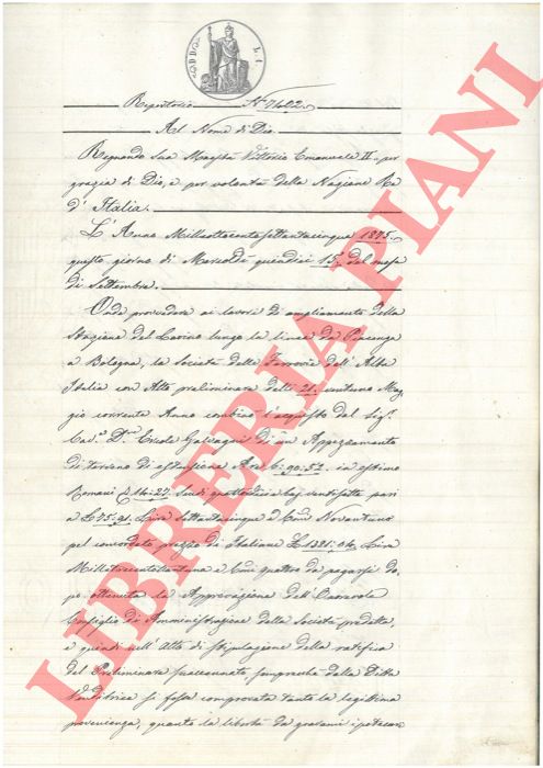Societ delle ferrovie dell'Alta Italia / Galvagni - - Vendita di un appezzamento di terreno posto nel comune di Anzola per i lavori di ampiamento della Stazione del Lavino
