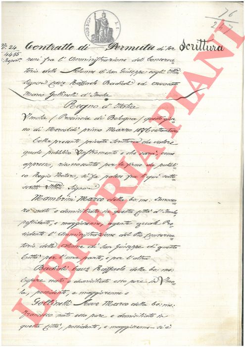 Amministrazione del Conservatorio delle alunne di S.Giuseppe / Badioli - - Permuta tra un terreno facente parte del fondo detto Lello Nuovo e uno facente parte della possessione detta Poggiolina posti a Imola