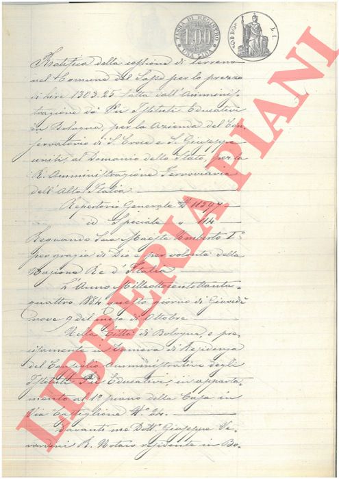 Amministrazione dei Pii Istituti Educativi in Bologna / Azienda del conservatorio di S.Croce e S.Giuseppe  - - Ratifica della cessione di terreno sito nel Comune di Praduro e Sasso, Bologna