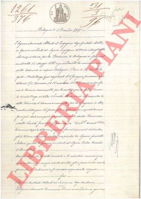 Melloni / Provincia di Bologna - - Vendita di una superficie di terreno facente parte dei poderi detti Colombara, Sabbioni, Pradoni per la costruzione della linea di Malalbergo posti nel Comune di Baricella