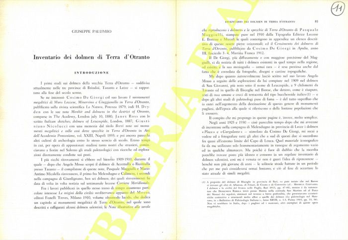 PALUMBO Giuseppe - - Inventario dei dolmen di Terra d'Otranto.