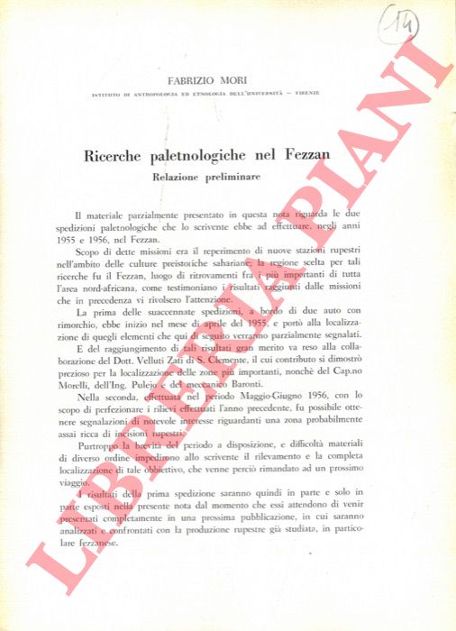 MORI Fabrizio - - Ricerche paletnologiche nel Fezzan.