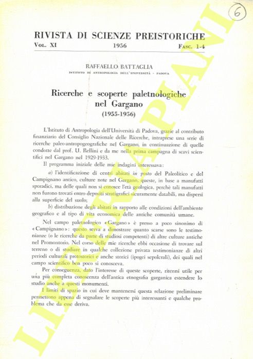 BATTAGLIA Raffaello - - Ricerche e scoperte paletnologiche nel Gargano.