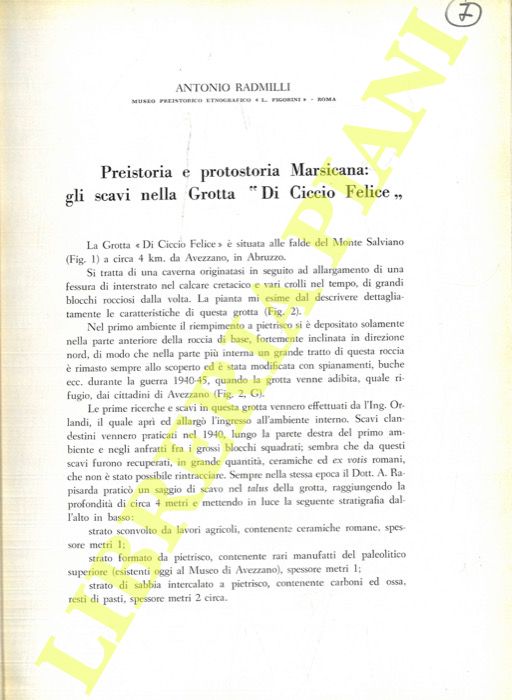 RADMILLI Antonio - - Preistoria e protostoria Marsicana: gli scavi nella Grotta 'Di Ciccio Felice' .