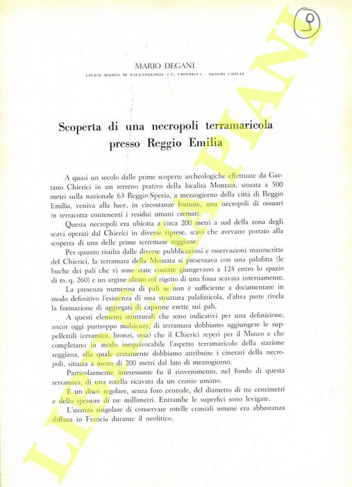 DEGANI Mario - - Scoperta di una necropoli terramaricola presso Reggio Emilia.