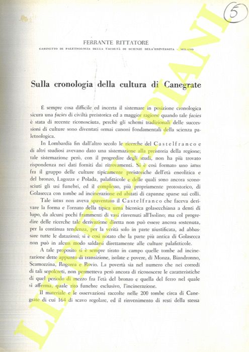 RITTATORE Ferrante - - Sulla cronologia della cultura di Canegrate.