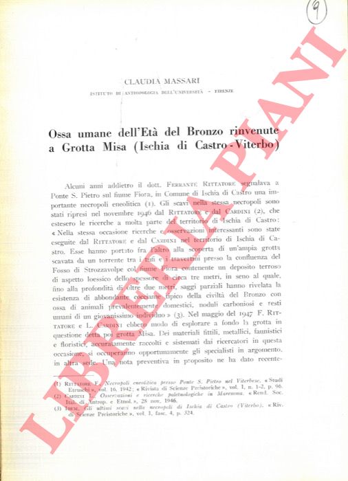 MASSARI Claudia - - Ossa umane dell'Et del Bronzo rinvenute in Grotta Misa (Ischia di Castro-Viterbo) .