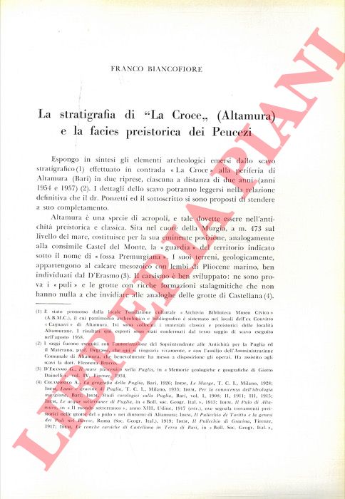 BIANCOFIORE Franco - - La stratigrafia di 'La Croce' (Altamura) e la facies preistorica dei Peucezi.