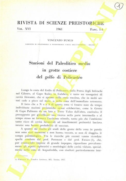 FUSCO Vincenzo - - Stazioni del Paleolitico medio in grotte costiere del golfo di Policastro.