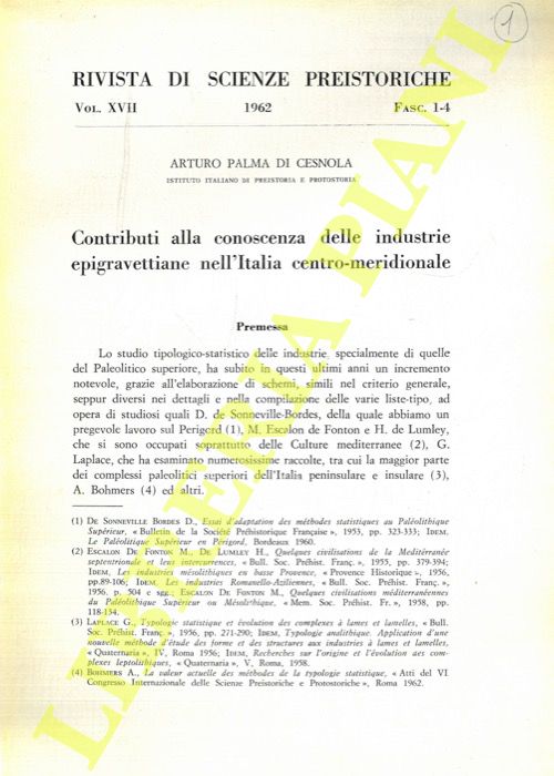 PALMA DI CESNOLA Arturo - - Contributi alla conoscenza delle industrie epigravettiane nell'Italia centro-meridionale.