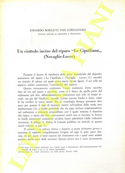 BORZATTI Von LOVENSTERN Edoardo - - Un ciottolo inciso del riparo 'Le Cipolliane' (Novaglie - Lecce) .