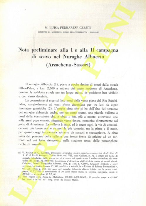 FERRARESE CERUTI M. Luisa - - Nota preliminare alla I e alla II campagna di scavo nel Nuraghe Albucciu (Arzachena-Sassari) .