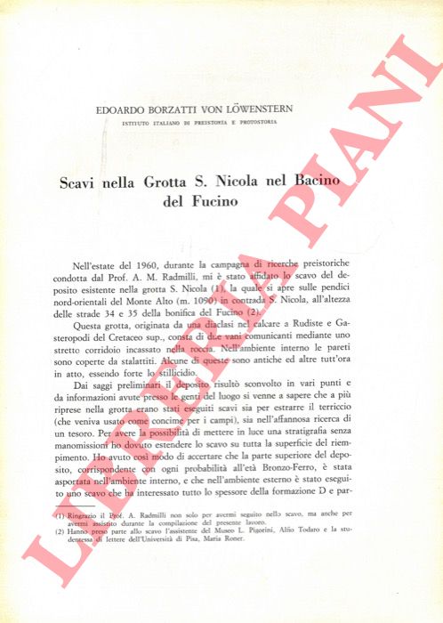 BORZATTI Von LOVENSTERN Edoardo - - Scavi nella grotta S. Nicola nel bacino del Fucino.