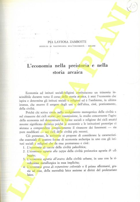 LAVIOSA ZAMBOTTI Pia - - L'economia nella preistoria e nella storia arcaica.