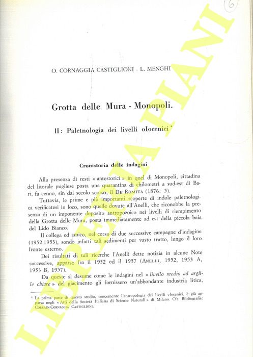 CORNAGGIA CASTIGLIONI O. - MENGHI L. - - Grotta delle Mura-Monopoli. Paletnologia dei livelli olocenici.