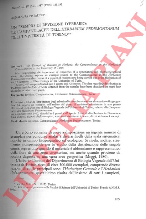 PISTARINO Annalaura - - Un esempio di revisione d'erbario: le Campanulaceae dell'Herbarium Pedemontanum dell'Universit di Torino.