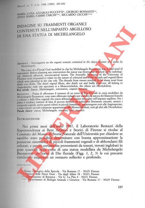 AZZAROLI PUCCETTI Maria Luisa - BONSANTI Giorgio - FABBRI TARCHI Anna Maria - CECCHI Riccardo - - Indagine su frammenti organici contenuti nell'impasto argilloso di una statua di Michelangelo.
