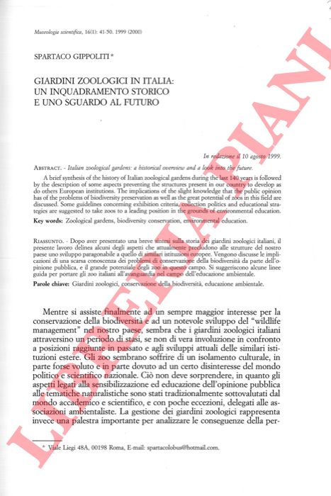 GIPPOLITI Spartaco - - Giardini zoologici in Italia: un inquadramento storico e uno sguardo al futuro.