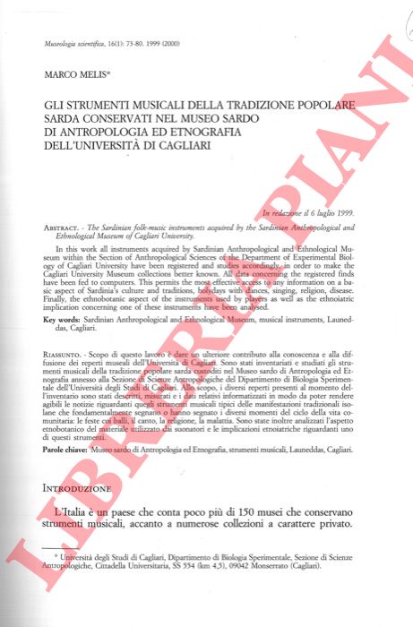 MELIS Marco - - Gli strumenti musicali della tradizione popolare sarda conservati nel Museo sardo di Antropologia ed Etnografia dell'Universit di Cagliari.