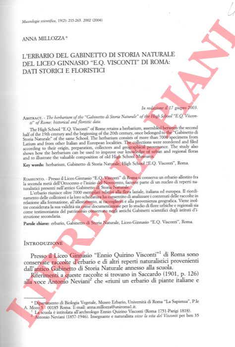 MILLOZZA Anna - - L'Erbario del Gabinetto di Storia Naturale del Liceo Ginnasio 'E.Q. Visconti' di Roma: dati storici e floristici.