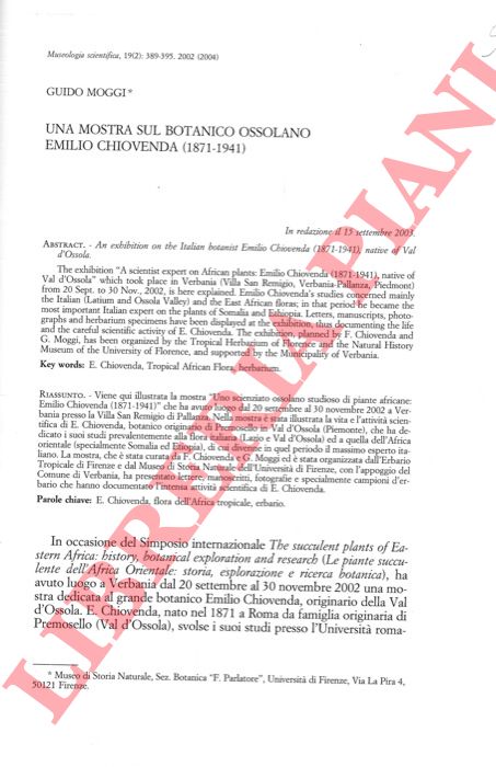 MOGGI Guido - - Una mostra sul botanico ossolano Emilio Chiovenda (1871-1941) .