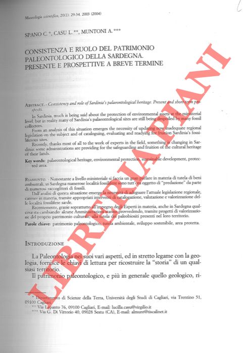 SPANO C. - CASU L. - MUNTONI A. - - Consistenza e ruolo del patrimonio paleontologico della Sardegna. Presente e prospettive a breve termine.