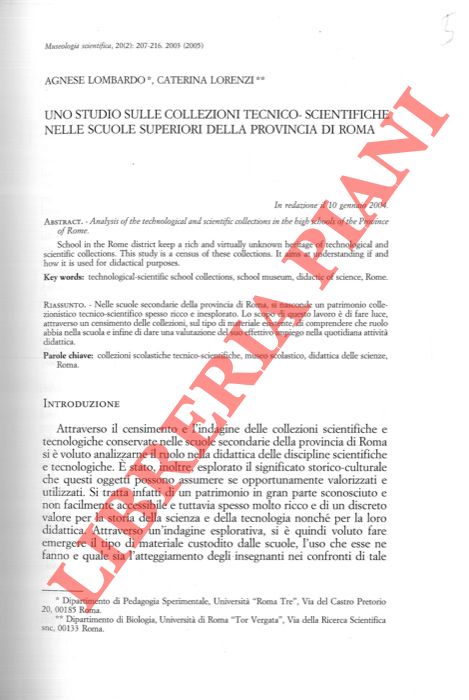 LOMBARDO Agnese - LORENZI Caterina - - Uno studio sulle collezioni tecnico-scientifiche nelle scuole superiori della provincia di Roma.