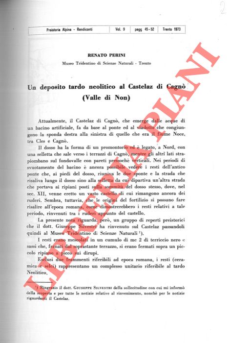 PERINI Renato - - Un deposito tardo neolitico al Castelaz di Cagn (Val di Non) .