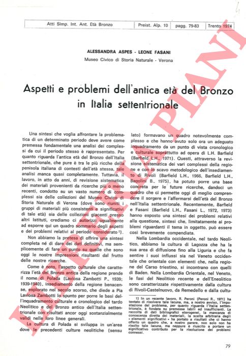 ASPES Alessandra - FASANI Leone - - Aspetti e problemi dell'antica et del Bronzo in Italia settentrionale.