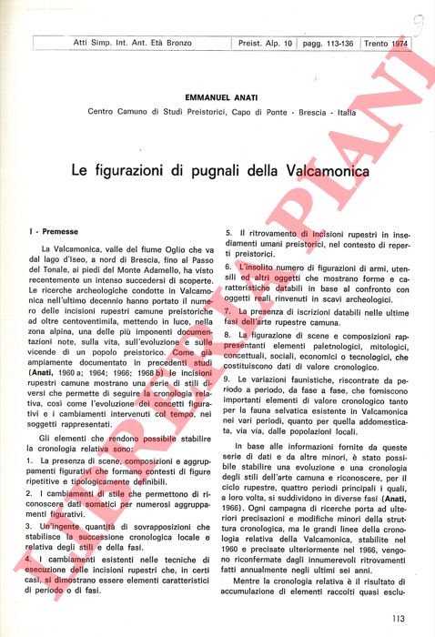 ANATI Emmanuel - - Le figurazioni di pugnali della Valcamonica.