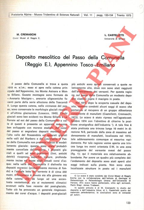 CREMASCHI M. - CASTELLETTI L. - - Deposito mesolitico del Passo della Comunella (Reggio E. ) . Appennino Tosco-emiliano.