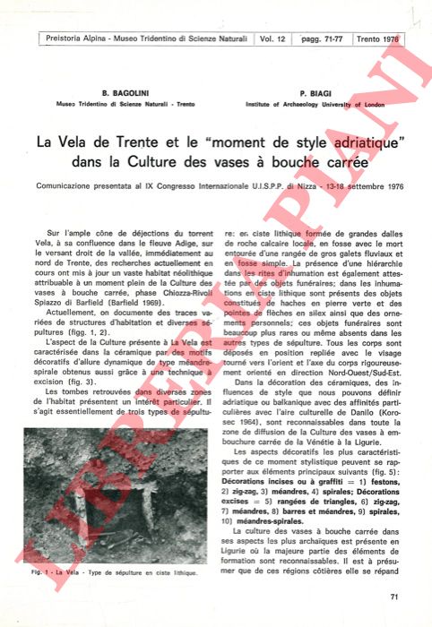 BAGOLINI Bernardino - BIAGI Paolo - - La Vela de Trente et le 'moment de style adriatique' dans la -culture des vases  bouche carre.