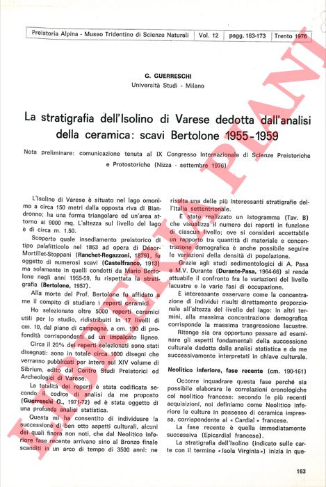 GUERRESCHI G. - - La stratigrafia dell'Isolino di Varese dedotta dall'analisi della ceramica: scavi Bertolone 1955-1959. Nota preliminare.