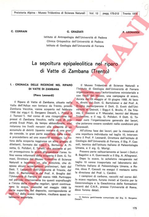 CORRAIN C. - GRAZIATI G. - LEONARDI P. - - La sepoltura epipaleolitica di Vatte di Zambana (Trento) .