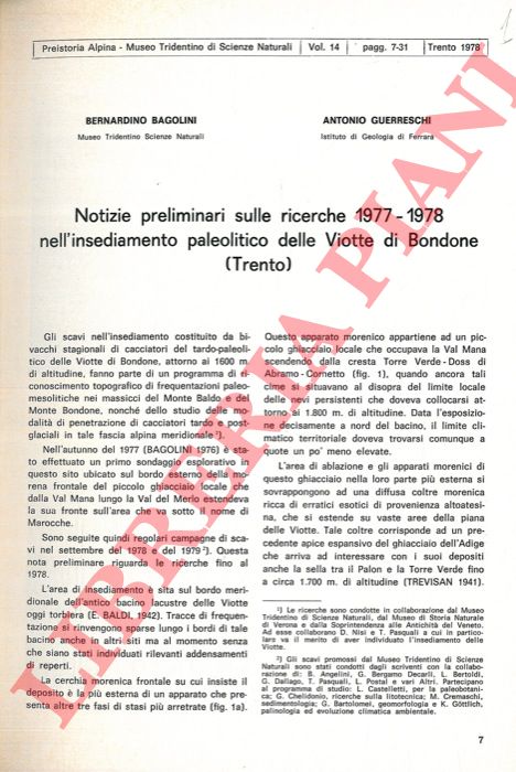 BAGOLINI B. - GUERRESCHI A. - - Notizie preliminari sulle ricerche 1977-1978 nell'insediamento paleolitico delle Viotte di Bondone (Trento) .