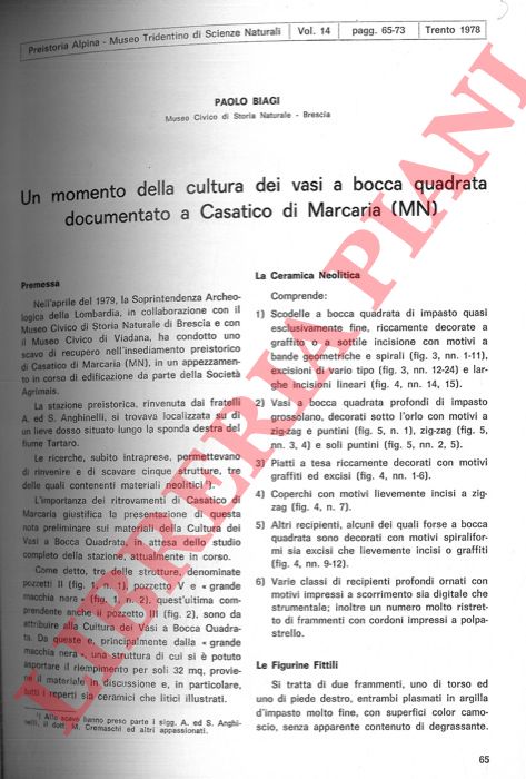 BIAGI Paolo - - Un momento della cultura dei vasi a bocca quadrata documentato a Casatico di Marcaria (Mantova) .