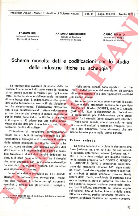 BISI Franco - GUERRESCHI Antonio - PERETTO Carlo - - Schema raccolta dati e codificazioni per lo studio delle industrie litiche su scheggia.