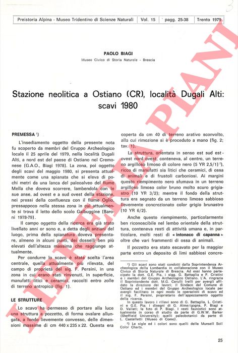 BIAGI Paolo - - Stazione neolitica a Ostiano (CR), localit Dugali Alti: 1980.