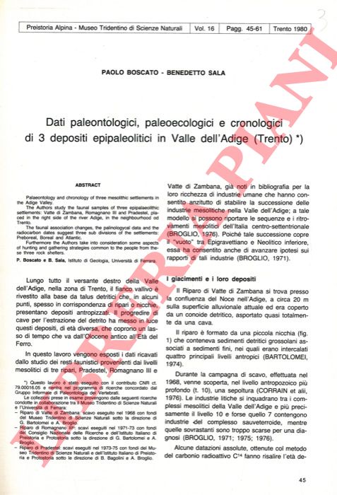BOSCATO Paolo - SALA Benedetto - - Dati paleontologici, paleoecologici e cronologici di 3 depositi epipaleolitici in Valle dell'Adige (Trento) .