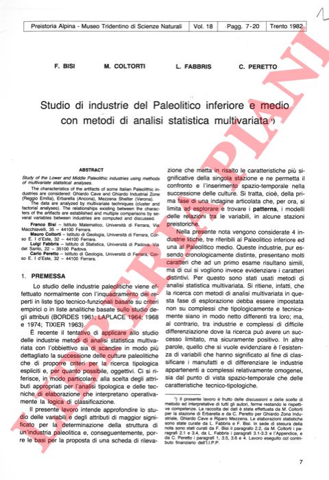 BISI Franco - COLTORTI M. - FABBRIS L. - PERETTO C. - - Studio di industrie del Paleolitico inferiore e medio con metodi di analisi statistica multivariata.