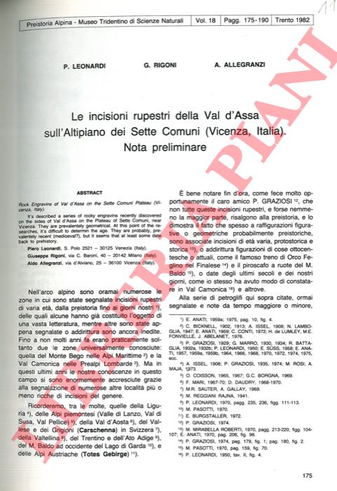 LEONARDI P. - RIGONI G. - ALLEGRANZI A. - - Le incisioni rupestri della Val d'Assa sull'Altipiano dei Sette Comuni (Vicenza, Italia) . Nota preliminare.