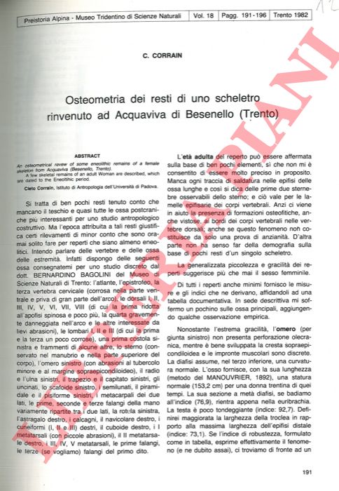 CORRAIN C. - - Osteometria dei resti di uno scheletro rinvenuto ad Acquaviva di Besenello (Trento) .