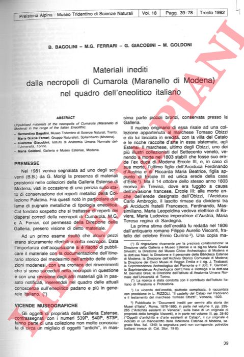 BAGOLINI B. - FERRARI M. G. - GIACOBINI G. - GOLDONI M. - - Materiali inediti dalla necropoli di Cumarola (Maranello di Modena) nel quadro dell'Eneolitico italiano.