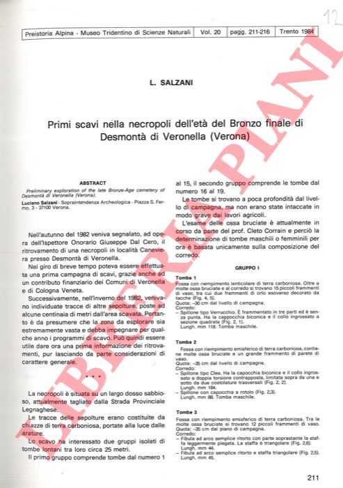 SALZANI Luciano - - Primi scavi nella necropoli dell'et del Bronzo finale di Desmont di Veronella (Verona) .