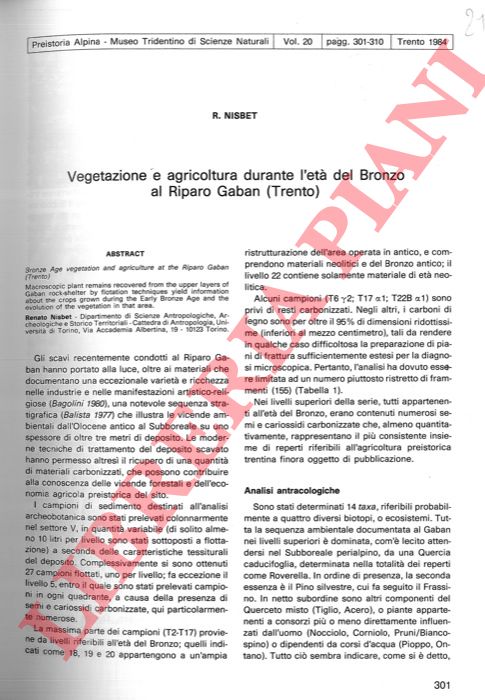 NISBET R. - - Vegetazione e agricoltura durante l'Et del Bronzo al Riparo Gaban (Trento) .