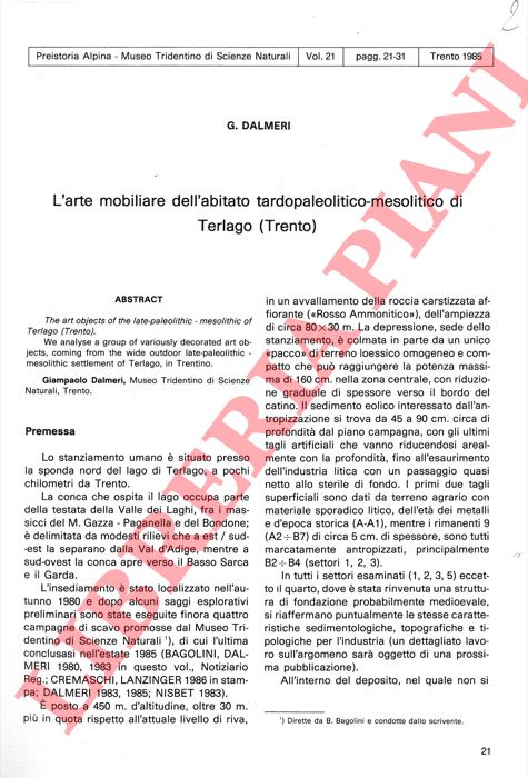 DALMERI G. - - L'arte mobiliare dell'abitato tardo paleolitico-mesolitico di Terlago (Trento) .