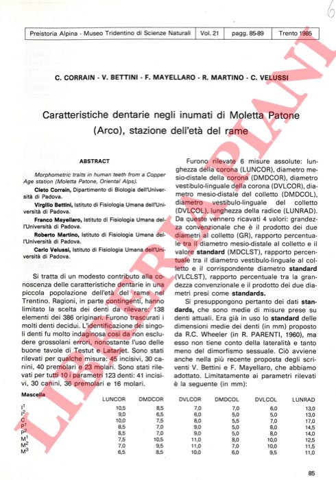 CORRAIN C. - BETTINI V. - MAYELLARO F. - MARTINO R. - VELUSSI C. - - Caratteristiche dentarie negli inumati di Moletta Patone (Arco) , stazione dell'et del rame.
