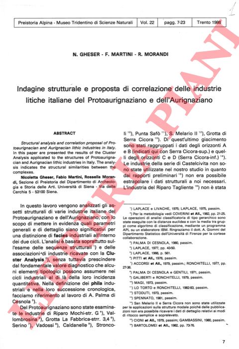 GHESER N. - MARTINI F. - MORANDI R. - - Indagine strutturale e proposta di correlazione delle industrie litiche italiane del Protoaurignaziano e dell'Aurignaziano.